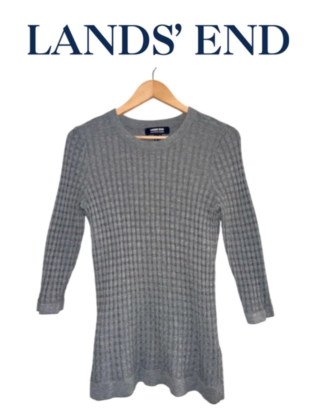 LANDS' END Gray 3/4 Sleeve Textured Sweater Basketweave Academia Classy Women M